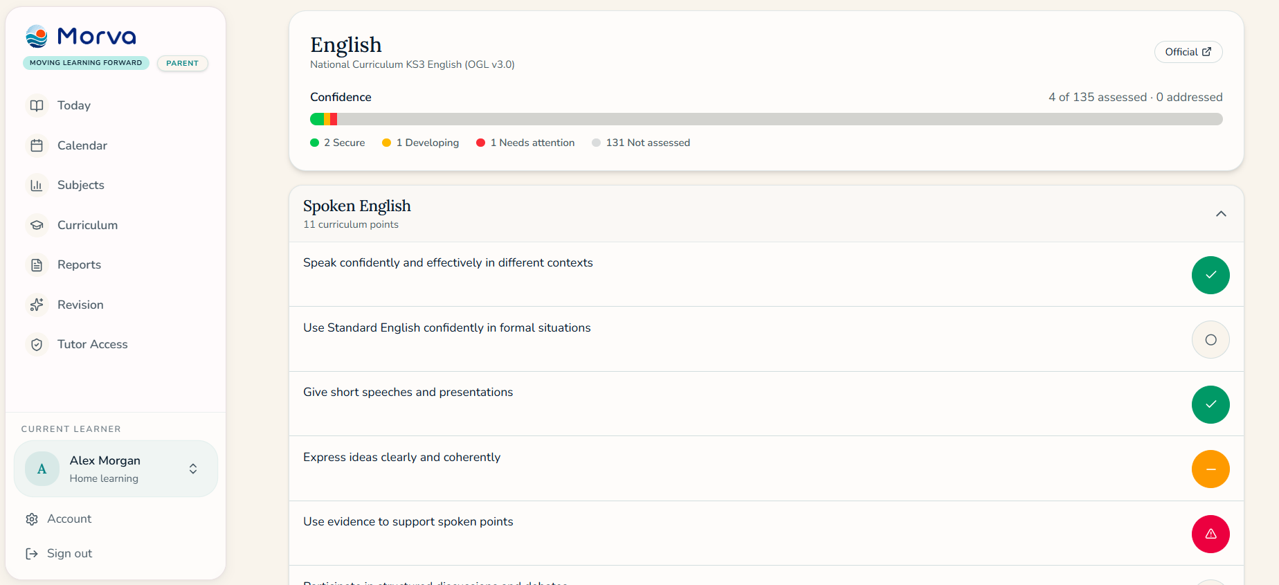 Morva curriculum screen showing confidence and RAG status