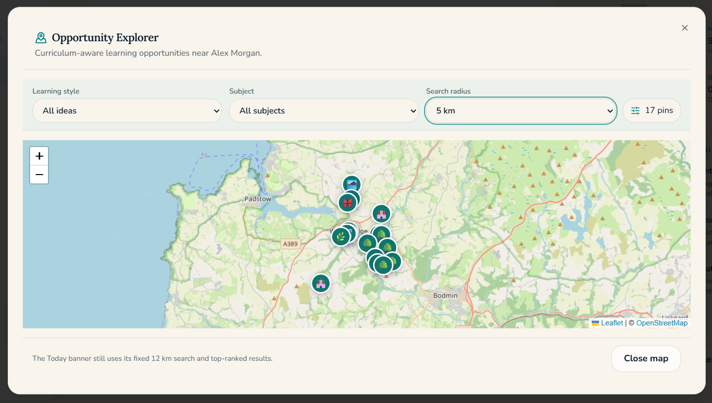 Morva Opportunity Explorer map with nearby learning locations