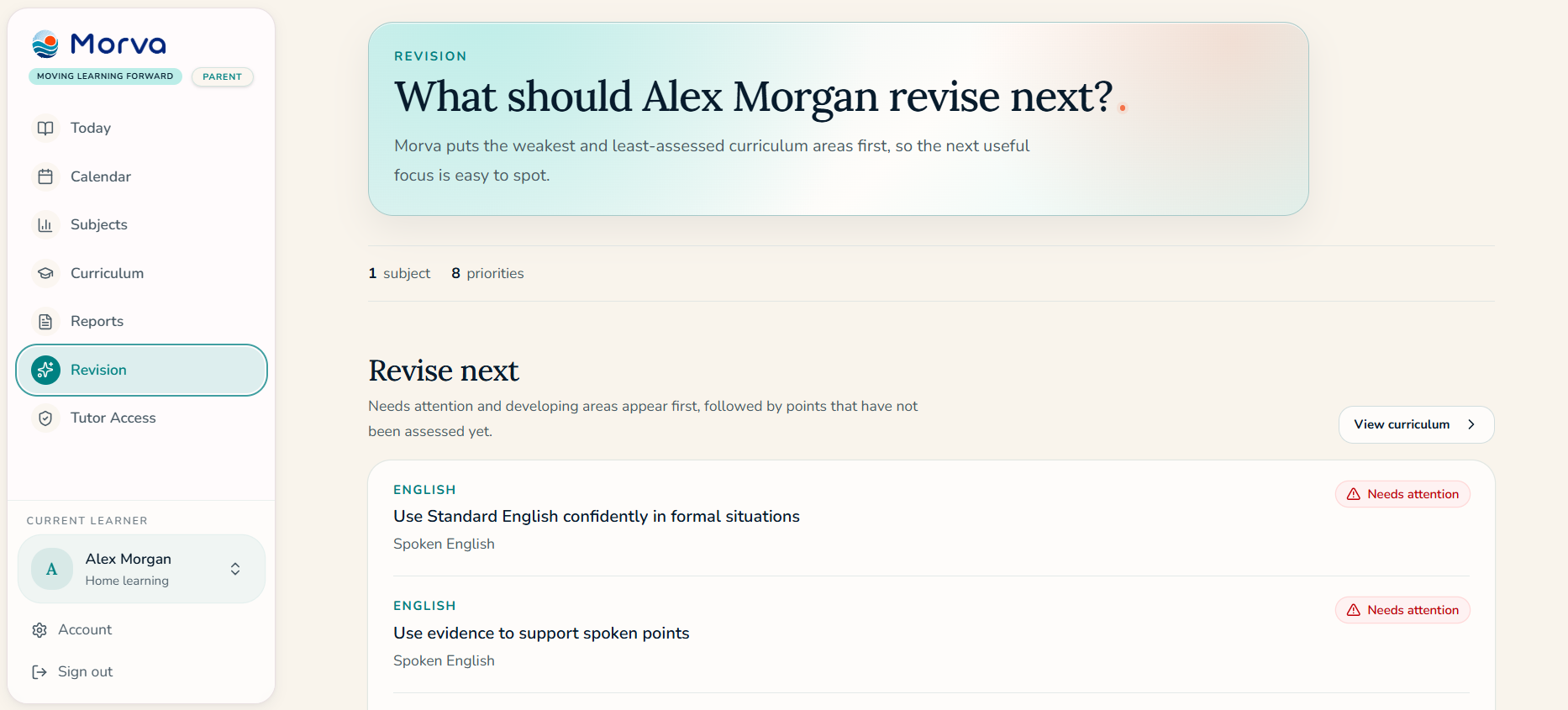 Morva revision screen showing priority areas and needs-attention status